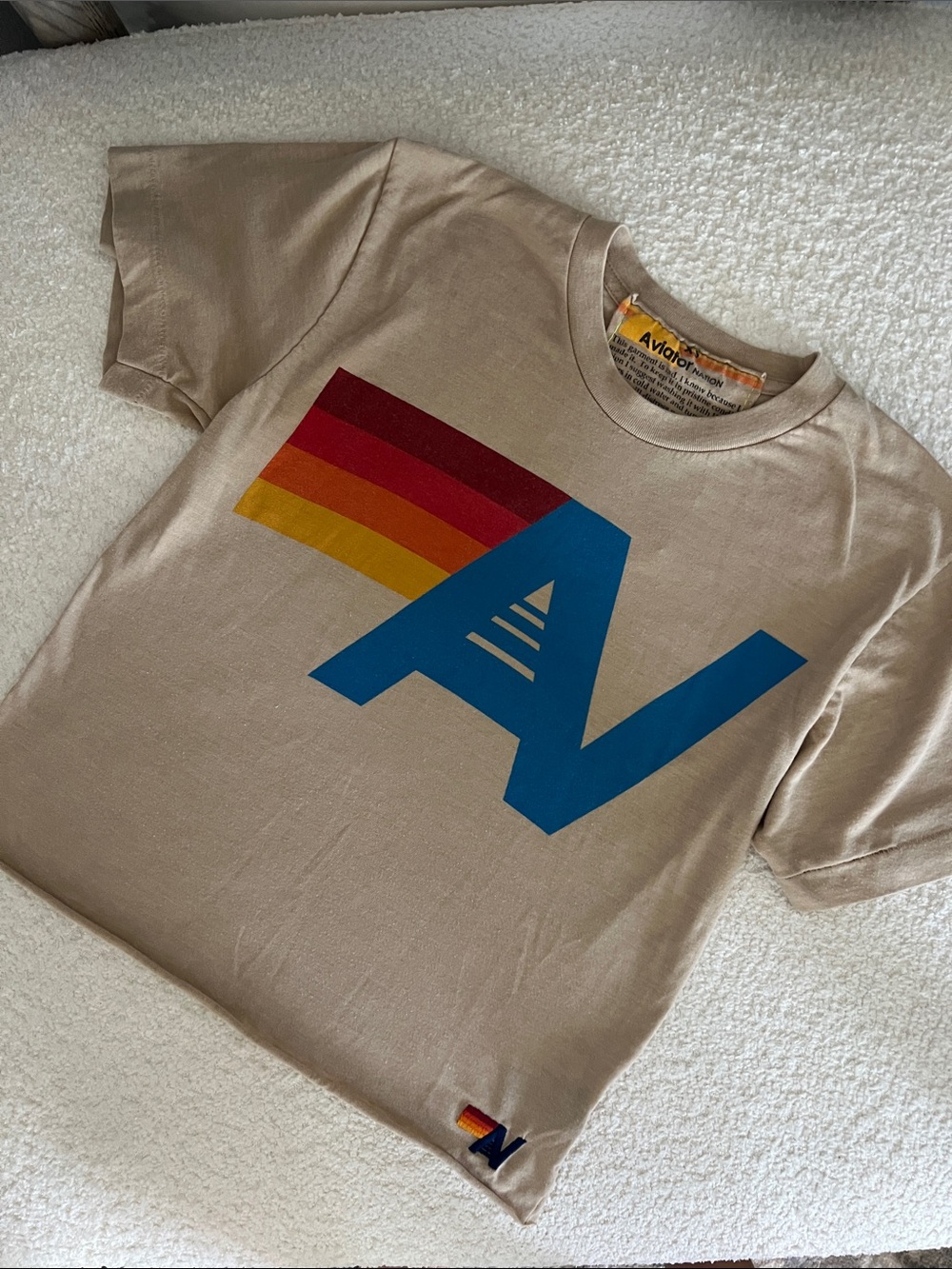 Aviator Nation Tan Crop Top with Blue AV Logo & Red-Orange-Yellow Stripe